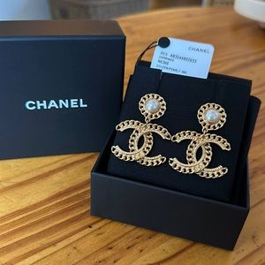Chanel Gold + Pearl CC Drop Earrings